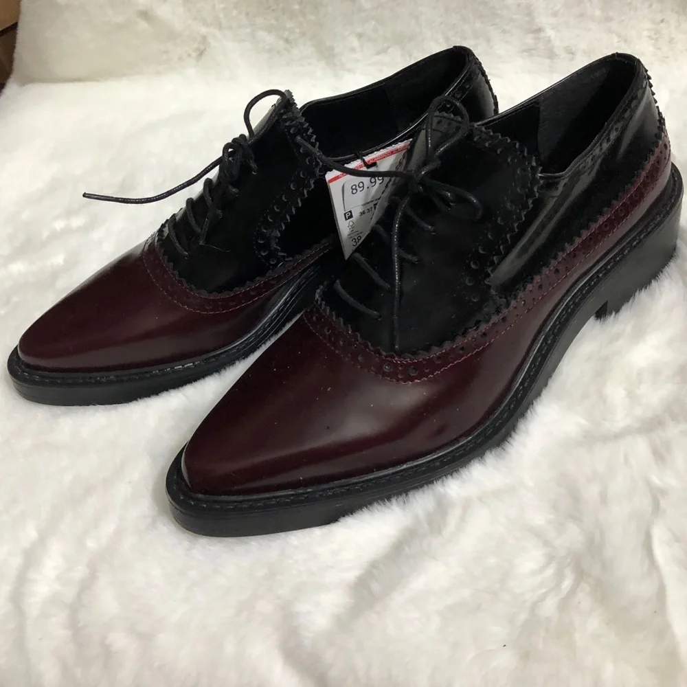 LAST NWT ZARA REAL LEATHER OXBLOOD WINGTIP BROGUES POINTED TOE - Picture 1 of 11